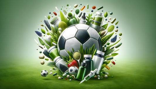 Banner mit Fußball und natürlichen Nahrungsergänzungsmitteln auf grünem Feld, symbolisiert die Verbindung zwischen Sport und ganzheitlicher Ernährung.