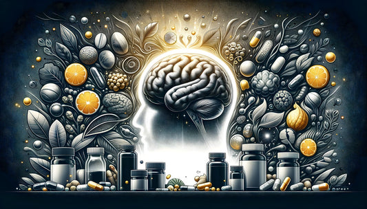 Banner illustriert die Bekämpfung von Brain Fog durch Nahrungsergänzungsmittel, mit klarem Fokus auf kognitive Vorteile und natürliche Zutaten für mentale Schärfe.
